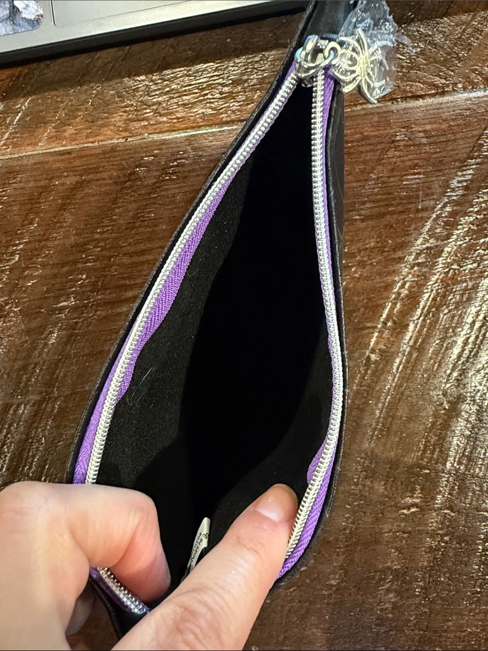 ipsy Black Satin Cosmetic Pouch with Purple Zipper and spider web on back